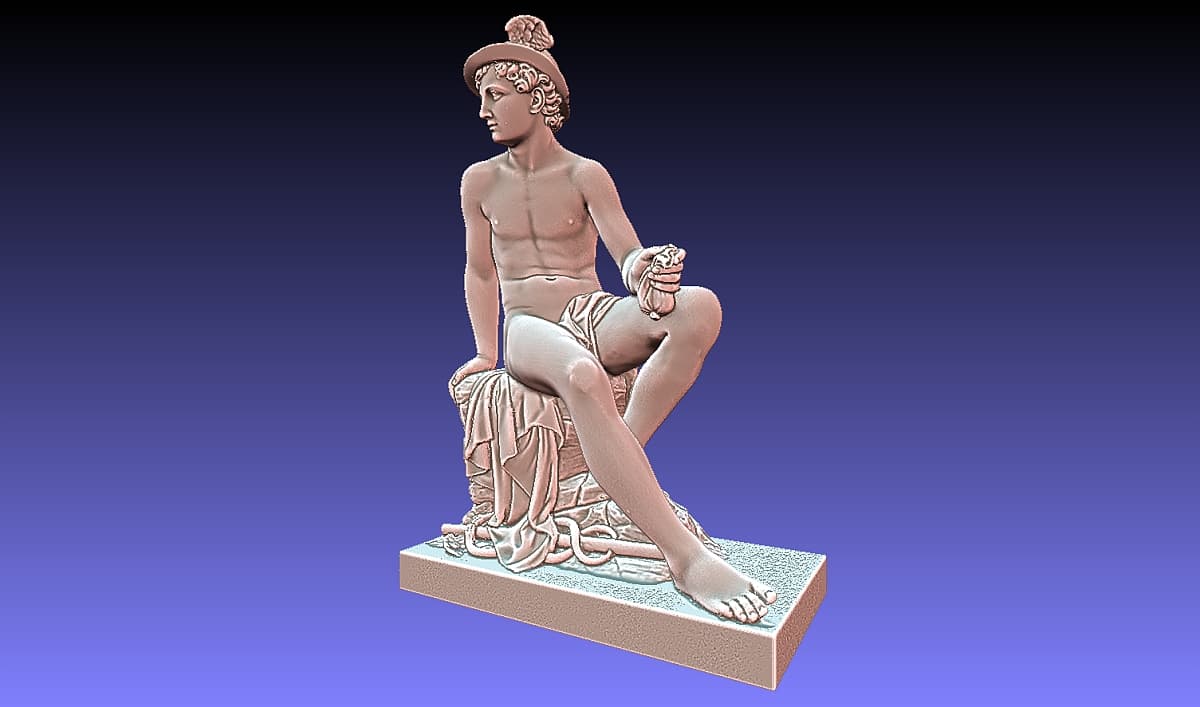 Mesh 3D della statua di Mercurio, acquisita in scansione a figura intera, con il caduceo appoggiato sul ginocchio.