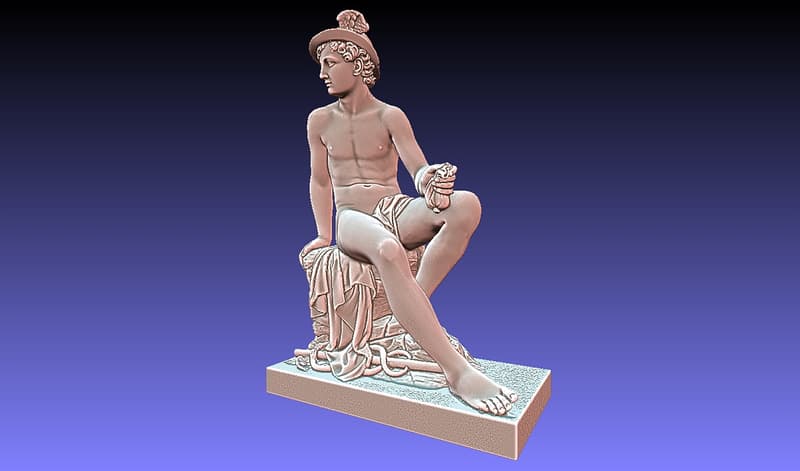 Mesh 3D della statua di Mercurio, acquisita in scansione a figura intera, con il caduceo appoggiato sul ginocchio.