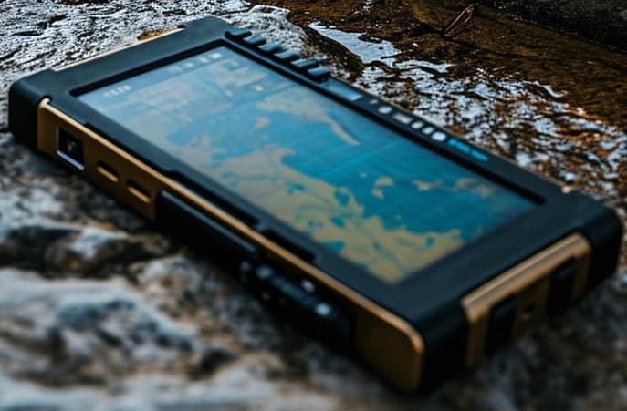 Tablet rugged caduto in un torrente roccioso, con lo schermo acceso e funzionante nonostante l'acqua