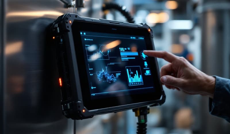 Tablet rugged utilizzato in un impianto industriale per il controllo e monitoraggio e diagnosi di macchinari e processi