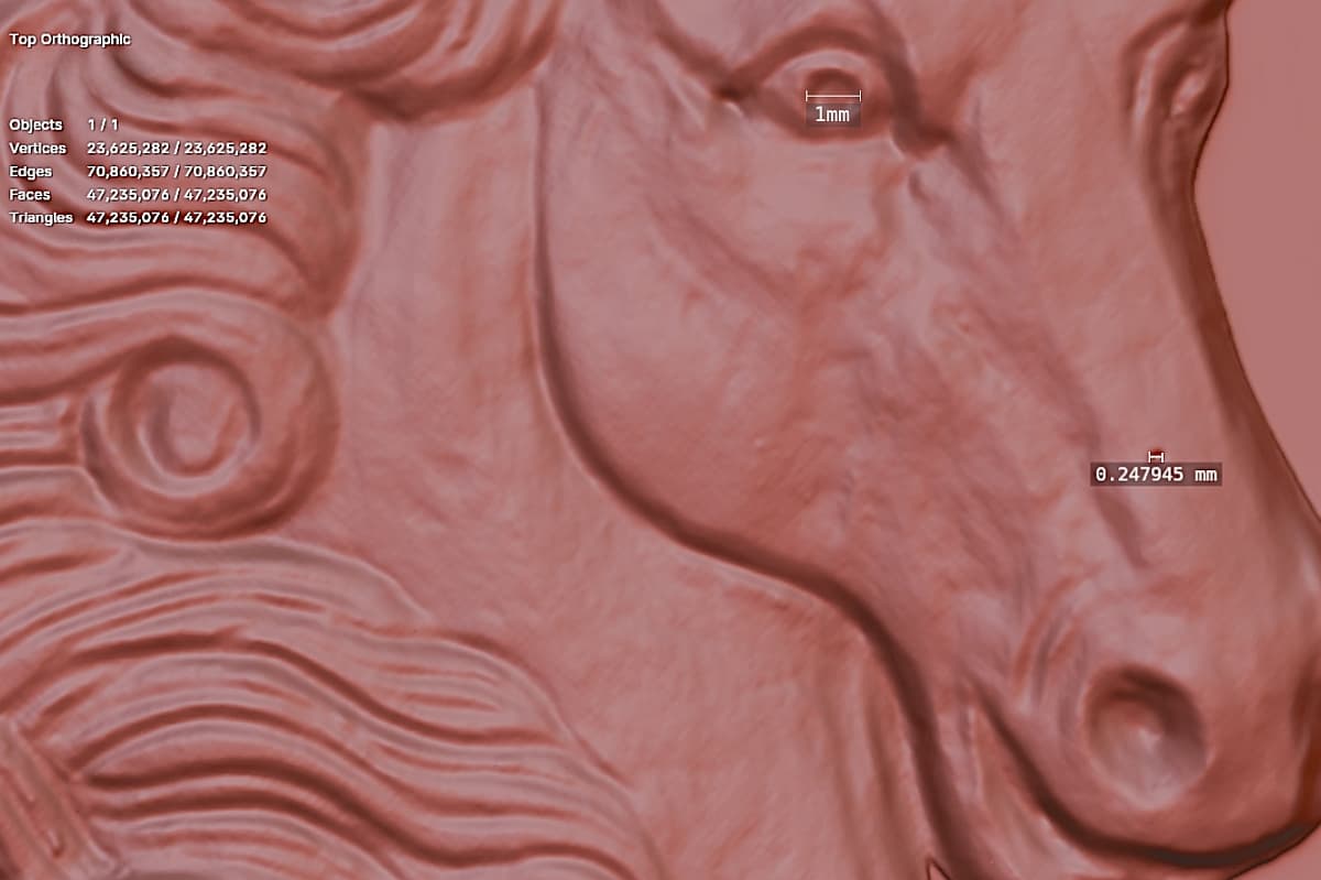 Screenshot del software di scansione che mostra le statistiche della mesh e una misurazione di 0,25 millimetri su un bassorilievo in gesso raffigurante una testa di cavallo