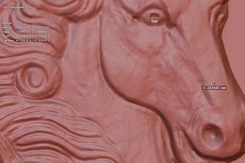 Screenshot del software di scansione che mostra le statistiche della mesh e una misurazione di 0,25 millimetri su un bassorilievo in gesso raffigurante una testa di cavallo